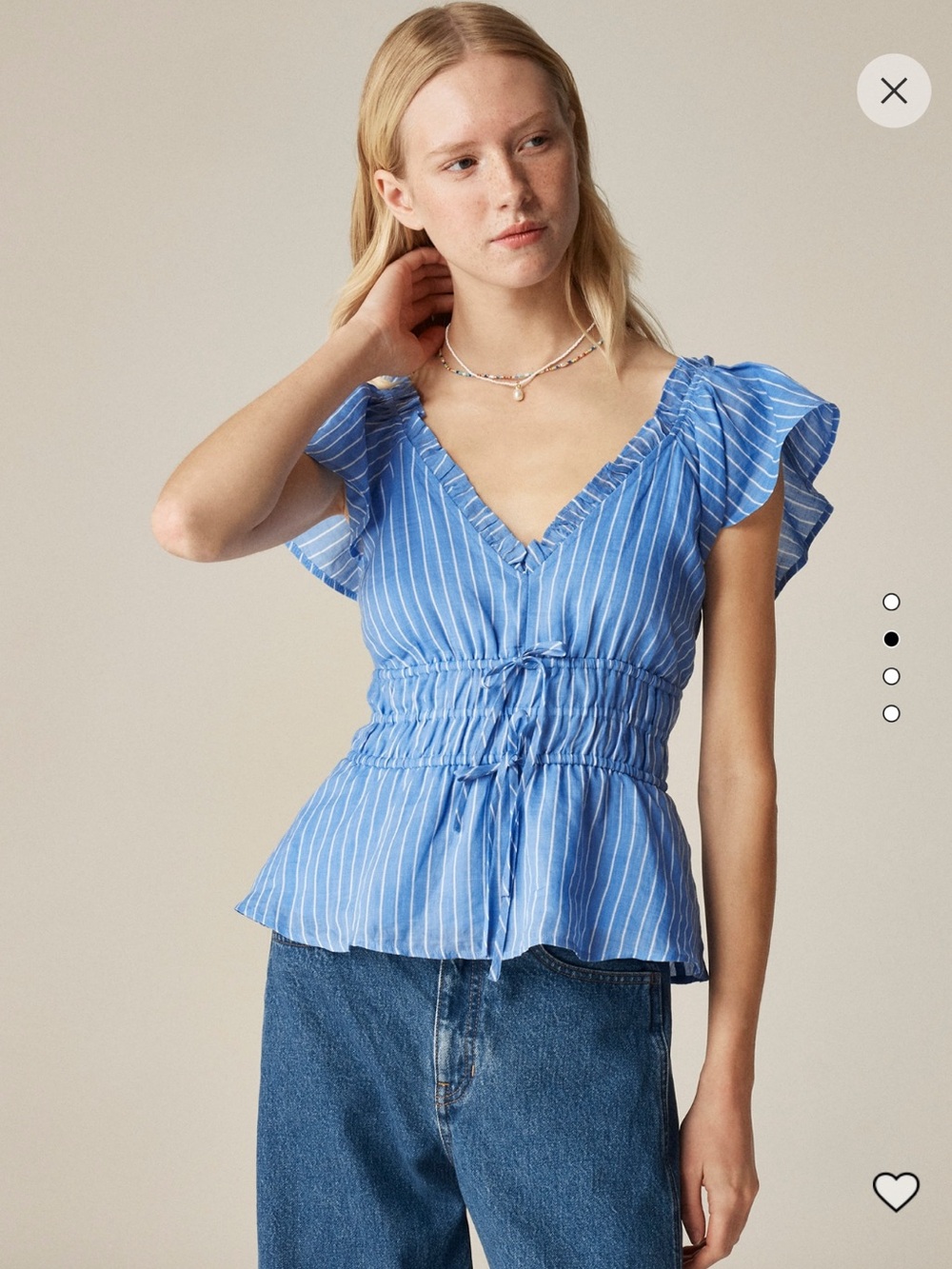 J. Crew Blue Striped V-Neck Cinched Waist Top